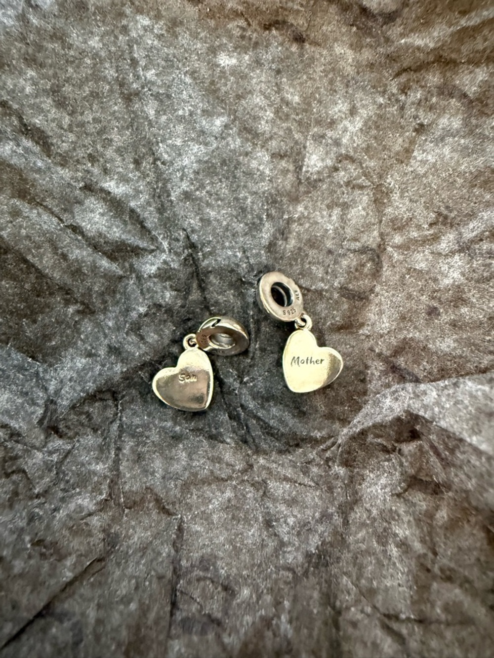 Pandora Silver 'Mother' and 'Son' Heart Dangle Charms